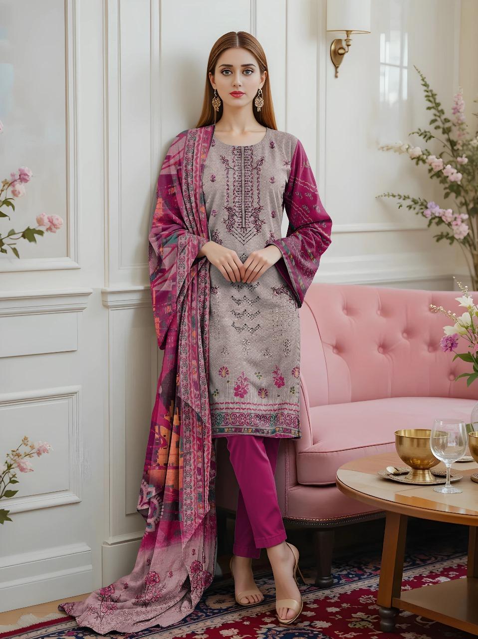 3 Pcs Women's Unstitched Embroidered Suit – Purple