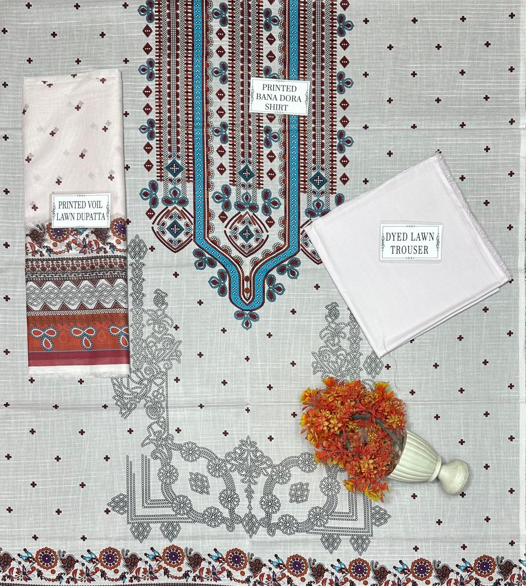 3 Pcs Women's Unstitched Printed Suit – Off White