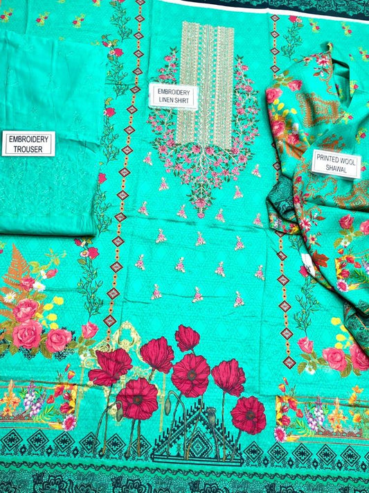 3 Pcs Women's Unstitched Embroidered Linen Suit