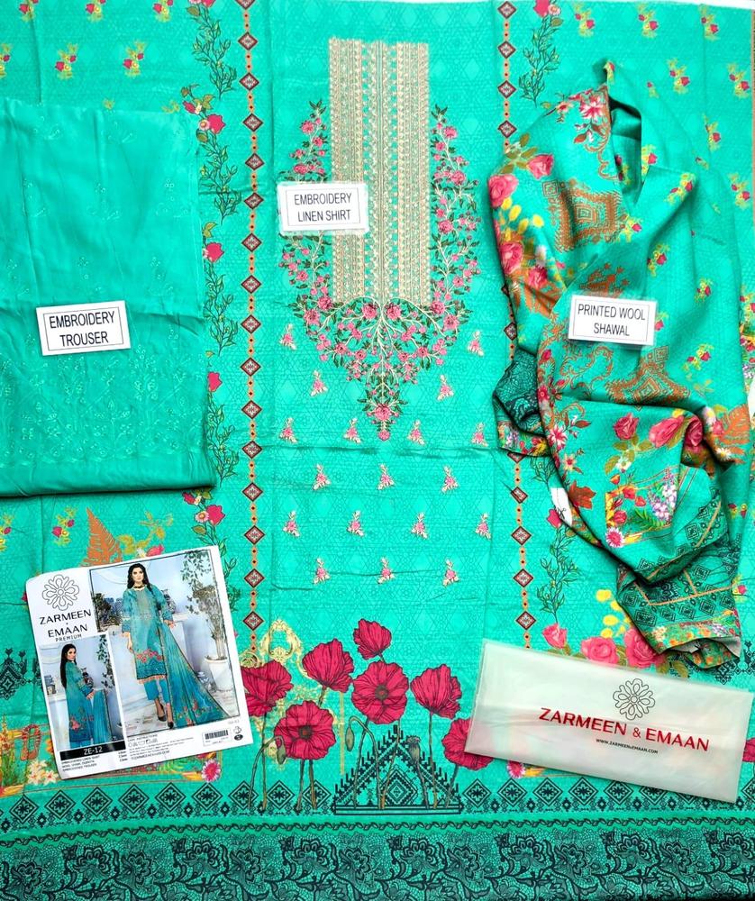 3 Pcs Women's Unstitched Embroidered Linen Suit