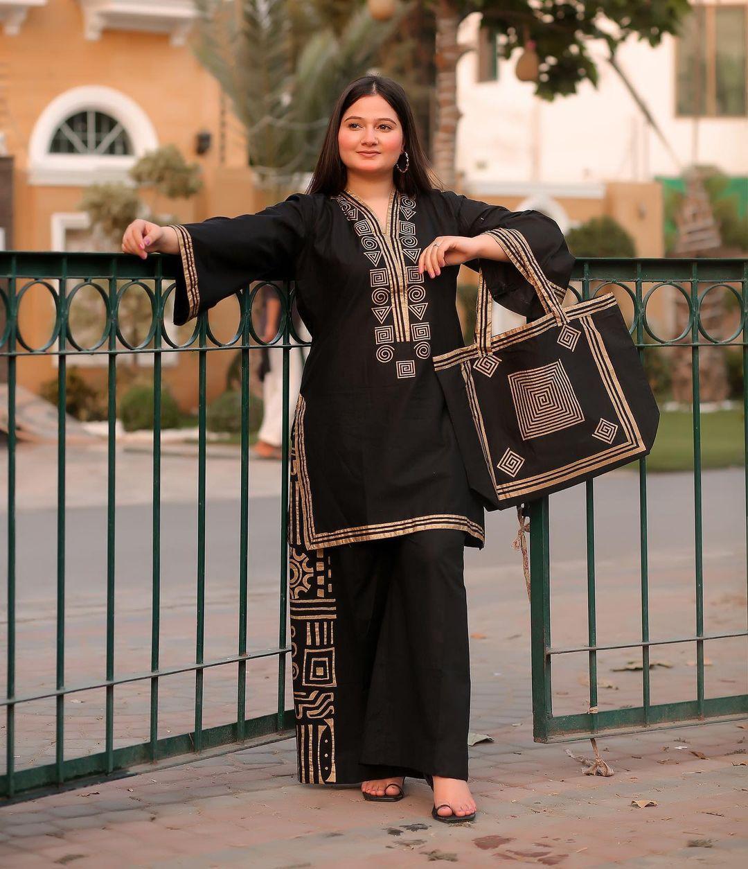 Stylish 3-Piece Women's Embroidered Shirt, Palazzo & Branded Bag Set