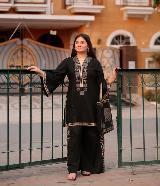 Stylish 3-Piece Women's Embroidered Shirt, Palazzo & Branded Bag Set
