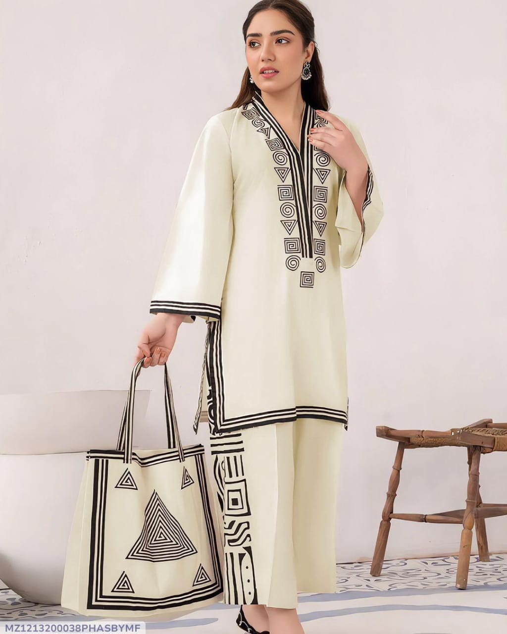 Stylish 3-Piece Women's Embroidered Linen Shirt, Palazzo & Bag Set