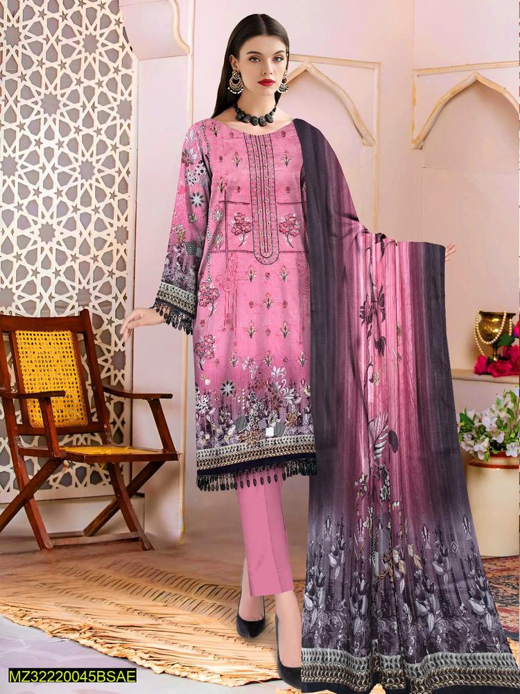 3 Pcs Women's Unstitched Lawn Embroidered Suit