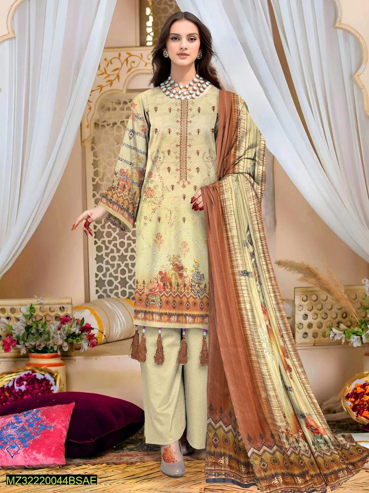3 Pcs Women's Unstitched Lawn Embroidered Suit