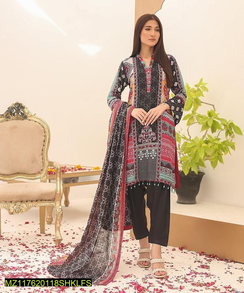 3 Pcs Women's Unstitched Swiss Lawn Printed Suit
