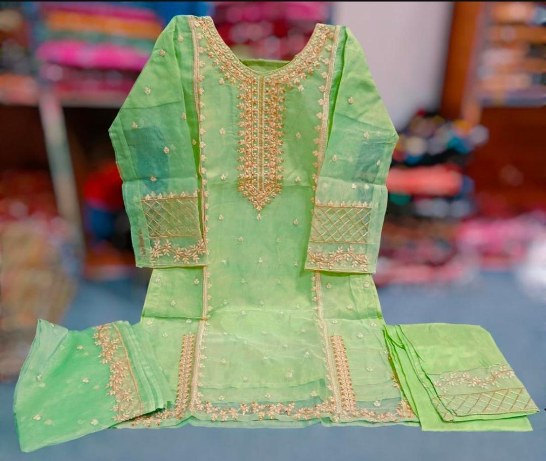 Elegant Women's Stitched Suit in Green with Embroidered Organza