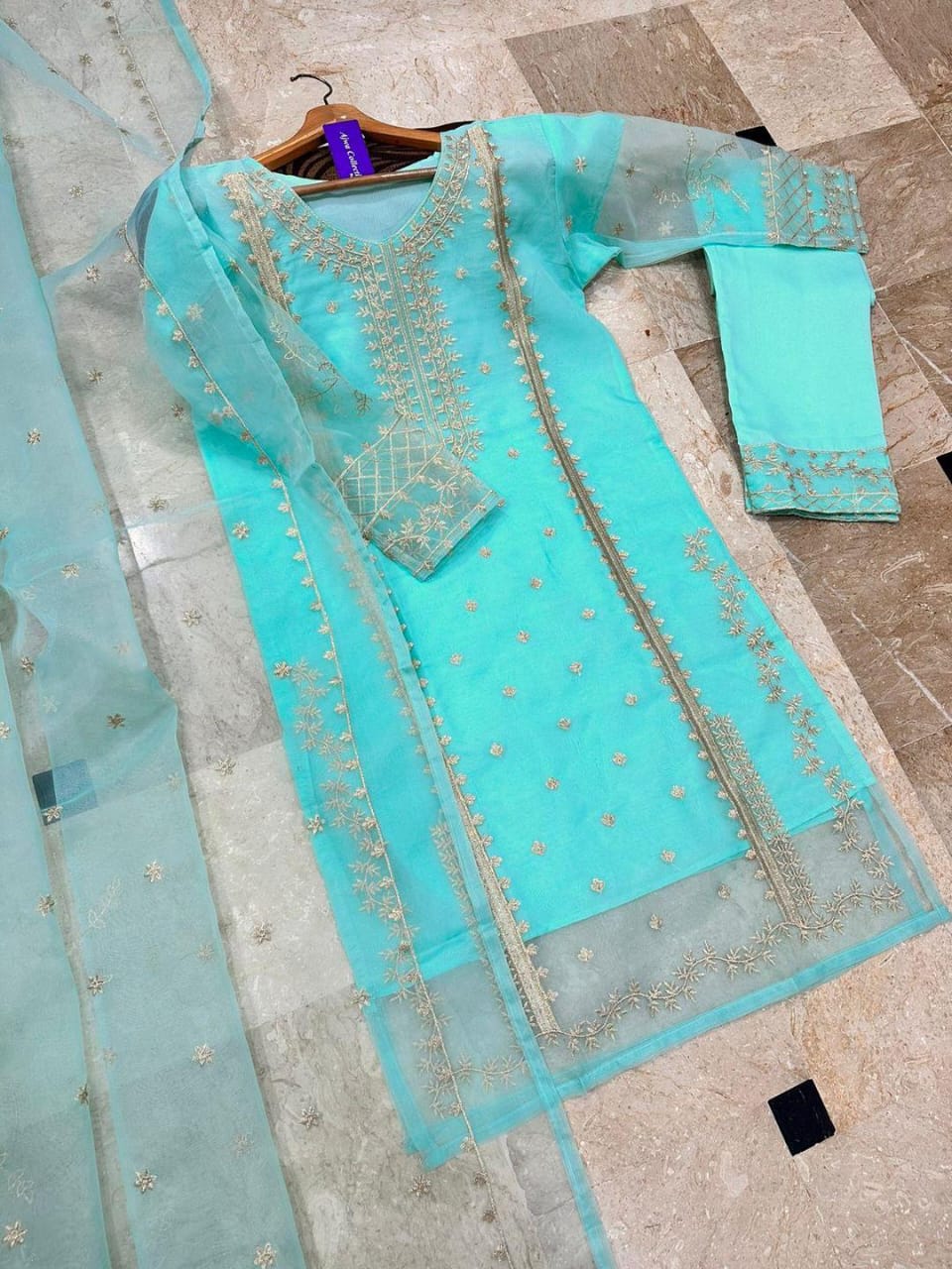 3 Pcs Women's Stitched Embroidered Suit – Beige Organza Ensemble