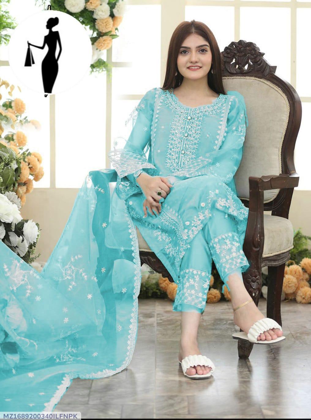 3 Pcs Women's Stitched Embroidered Suit – Beige Organza Ensemble